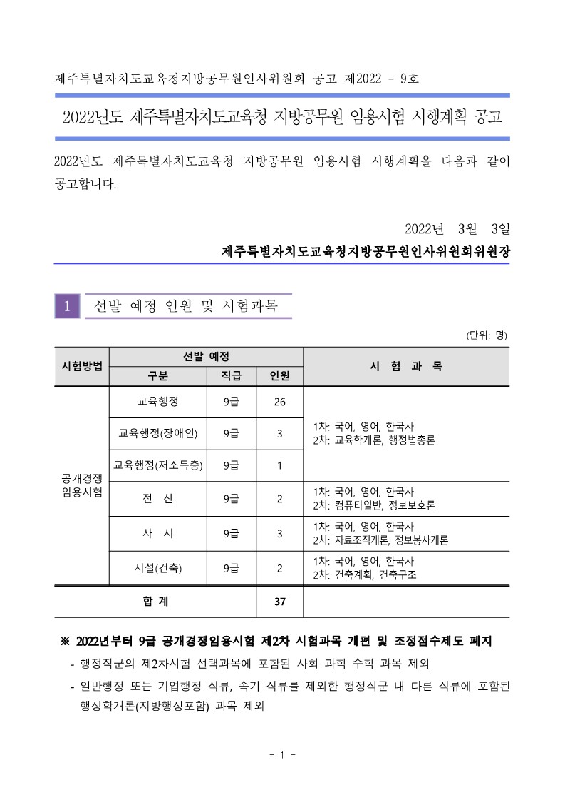 2022 제주교육청 지방직 9급 공개(경력)경쟁 채용 공고(37명 채용) 2022 제주교육청 지방직 9급 공개(경력)경쟁 채용 공고(37명 채용)